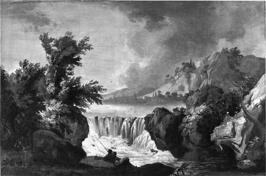 Paesaggio con pescatore e cascata